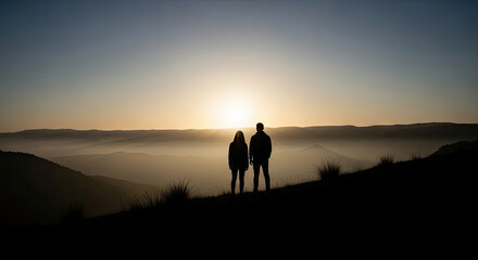 Fototapeta premium Silhouettes of a couple holding hands against a sunset over hills.