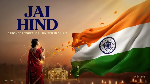 Jai Hind Indian Flag Waving Tricolor Ashoka Chakra Patriotic Independence Day Design