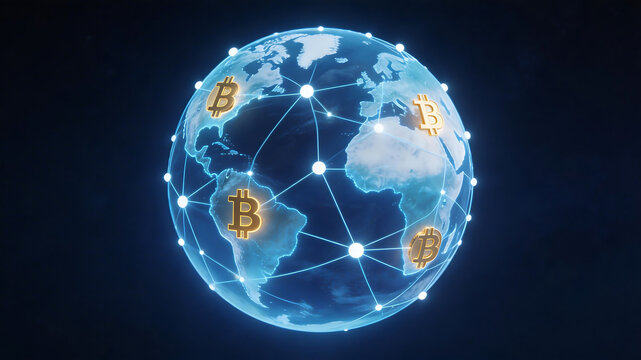 Global network with cryptocurrency symbols