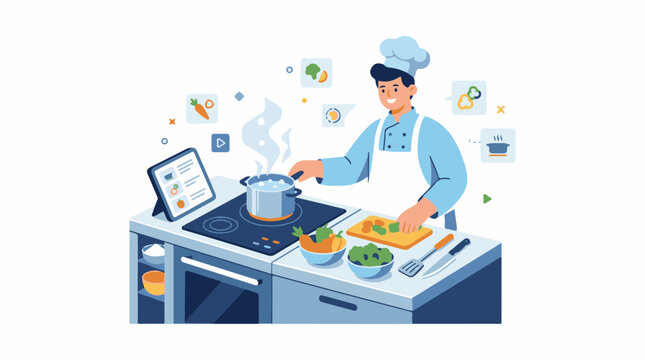 Cheerful chef follows recipe on tablet cooks food preps ingredients