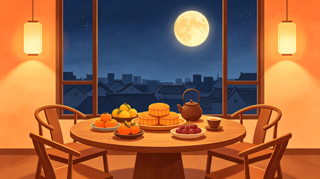 Mid Autumn Family Reunion Table Illustration