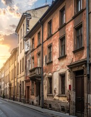 Fototapeta premium Historic european town street scene with old buildings and cloudy sky