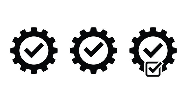 Set of black flat gear icons with check marks for workflow and process confirmation workflow technical engineering