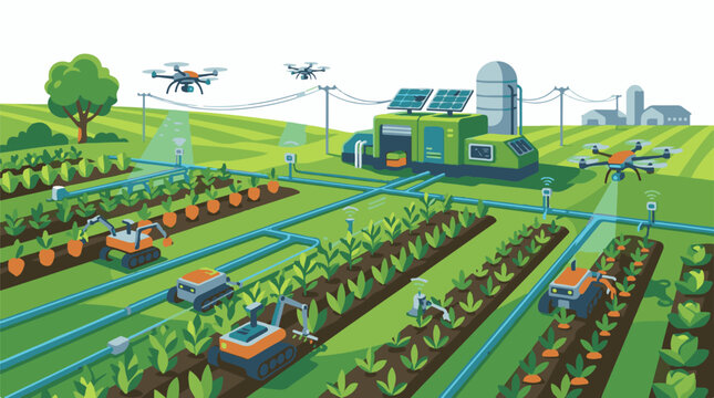 Automated farm with drones and robots solar panels and irrigation