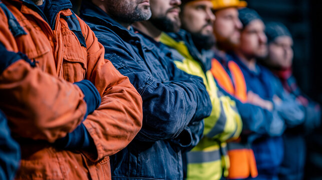 Team of Industry Workers: A focused team of industrial workers, clad in their protective gear, stand united with their arms crossed, projecting an image of strength, reliability.