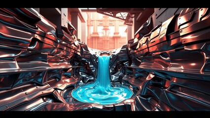 Fototapeta premium Futuristic tunnel, metallic surfaces, blue liquid cascade. Dramatic lighting creates intense visual depth, complex geometry.