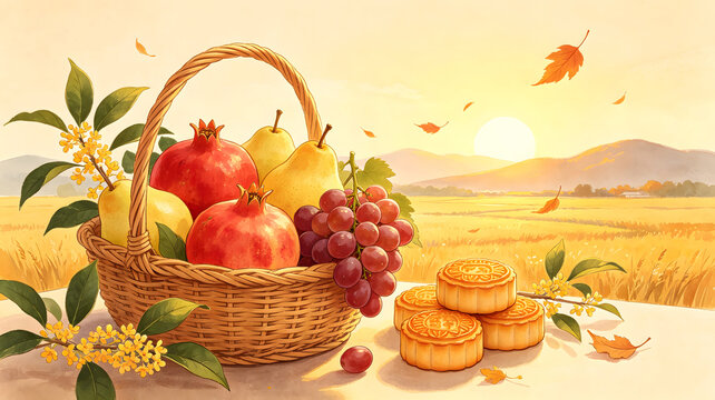 Mid Autumn Fruit Mooncake Harvest Illustration