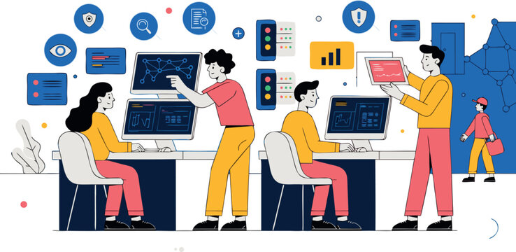 Security Operations Center with Cyber Threat Monitoring Network Protection and Incident Response Flat Vector Illustration