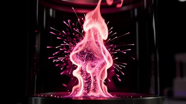 Pink plasma filaments surge from central electrode in glass enclosure with dark background