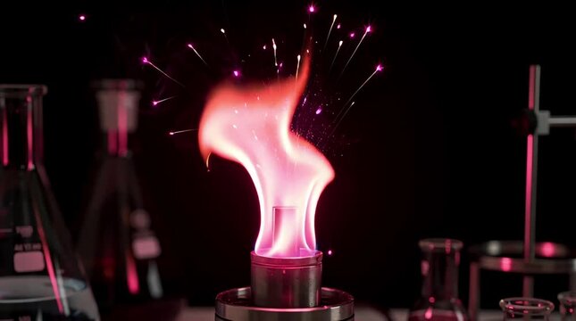 Pink flame erupts from metal burner with purple sparks in dark lab