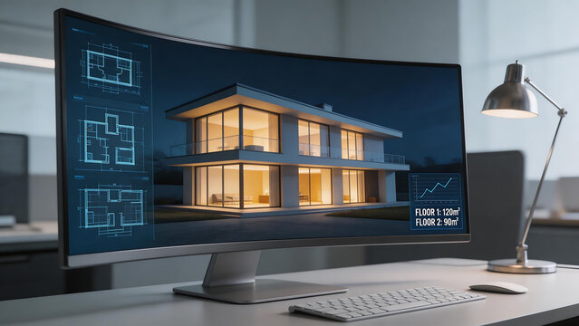 Modern house design on computer screen