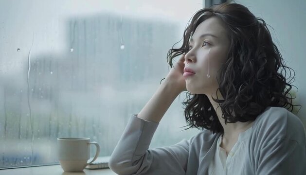 雨の日の湿気で髪のうねりやボサボサに悩む女性