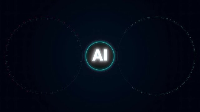 AI text glowing in neon circle with dashed orbital rings and negative space on dark background for motion graphic loop animation.