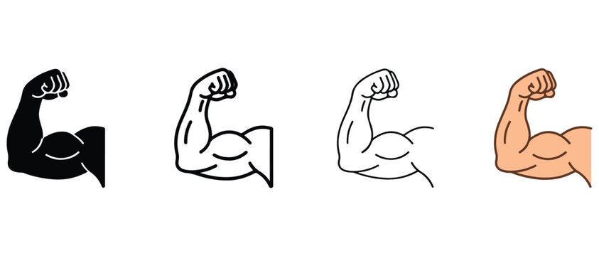 Flexed arm muscles in different illustration styles for fitness and strength concepts  various flexing biceps in black and white and colored versions