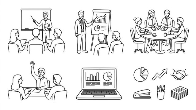 Business Meeting & Office Teamwork Line Art Vector Illustration Set  Presentation, Strategy Planning, and Corporate Collaboration