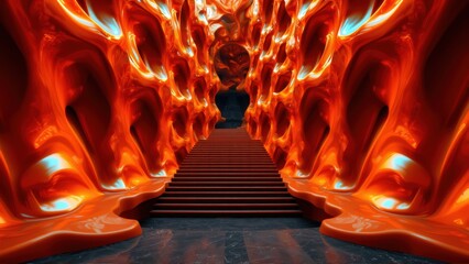 Fototapeta premium Fiery gateway leads toward darkness. Dramatic lighting emphasizes ornate, flowing architecture. Intense reds dominate composition. Mysterious, inviting.
