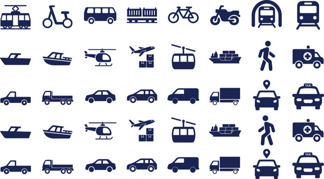 Collection Of Flat Transportation Icons Including Cars Buses Trains Boats Helicopters And Pedestrians On A White Background vehicles design pictograms symbols transport