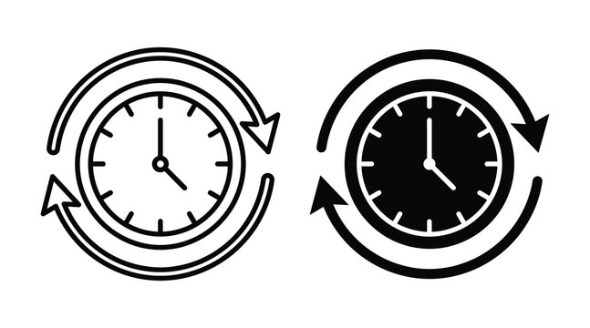 Clock with circular refresh arrow icons set rotation business deadline schedule interface minimalist management