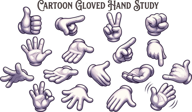 Cartoon gloved hand study a collection of various hand gestures in a vector illustration style hands poses drawing anatomy comic graphic design