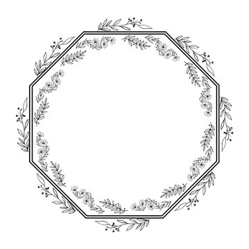 Octagonal geometric frame with decorative inner flower border and outer botanical branches line art vector illustration