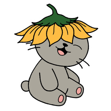Cute gray cat wearing a sunflower hat in a hand drawn cartoon style. Transparent PNG illustration perfect for stickers, planners, greeting cards, nursery decoration, children's products, printable cra