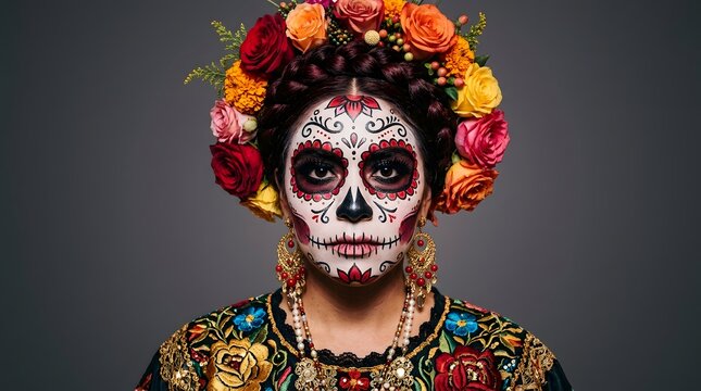 Portrait of a woman dressed as la catrina for dia de los muertos with elaborate sugar skull makeup and a vibrant floral crown