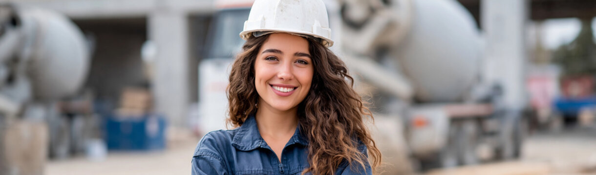 Construction Worker Smile: A smiling female construction worker in a white hard hat and blue uniform stands in front of a construction site with cement mixers in the background.