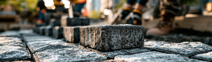 Fototapeta premium Crafting the City: Close-up shot of granite paving stones being laid by construction workers, creating a new urban pathway under the warm glow of the afternoon sun.
