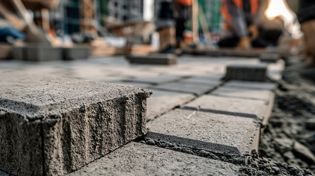 Paving the Way: Construction workers meticulously lay interlocking concrete pavers on a foundation of gravel and sand, creating a new pathway or patio.