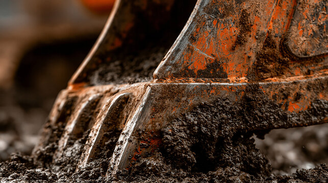 Heavy Machinery Bucket in Dirt: Close-up of a robust construction equipment bucket, caked in mud and grime, poised to excavate earth. A raw.