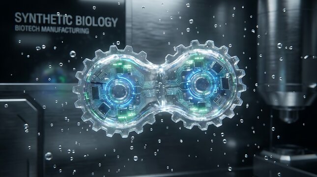Futuristic synthetic cell division concept with microscopic biological gears in biotech laboratory