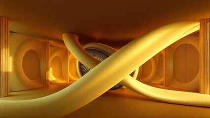 Fototapeta premium Golden abstract interior. Smooth curves, bright illumination, modern design. Dramatic lighting creates depth, warmth. Minimalist aesthetic.