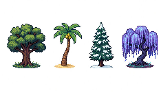 Pixel art nature trees and plants game sprites pack