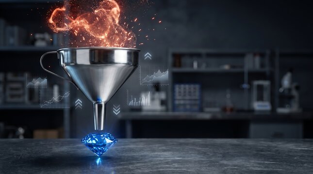 Metal funnel refining hot glowing energy into a brilliant blue diamond in a dark laboratory setting
