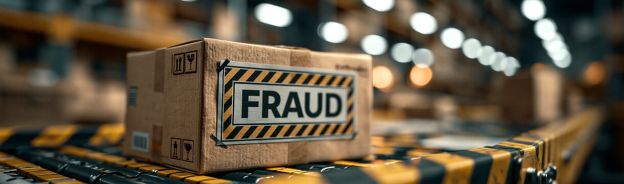 Fraudulent Package on Conveyor Belt: A cardboard box with a prominent FRAUD warning label sits on a factory conveyor belt, symbolizing deception and dishonesty in logistics and commerce.