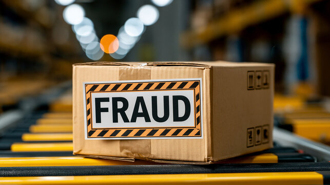 Fraudulent Parcel on Conveyor Belt: A cardboard box with a prominent FRAUD label sits on a yellow conveyor belt in a dimly lit warehouse, symbolizing deception in logistics and delivery.