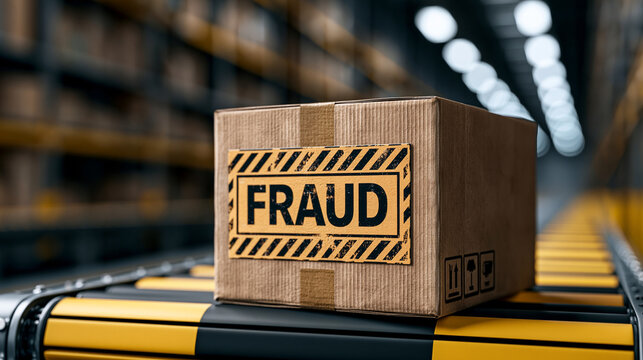 Shipping Fraud: A cardboard box with a FRAUD warning label travels down a conveyor belt in a warehouse, highlighting the risks of deception in logistics.