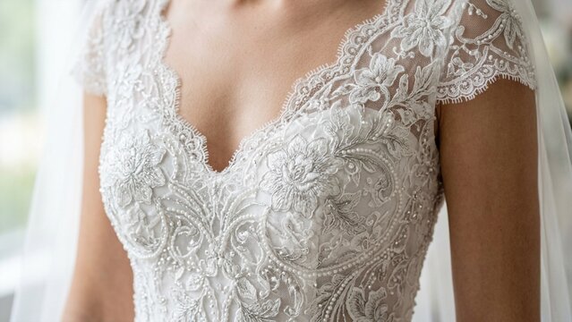 White wedding dress lace bodice with floral embroidery and pearl bead detail