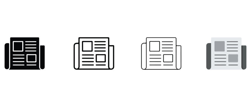 newspaper icons in black white and gray on a white background for news media and information design elements