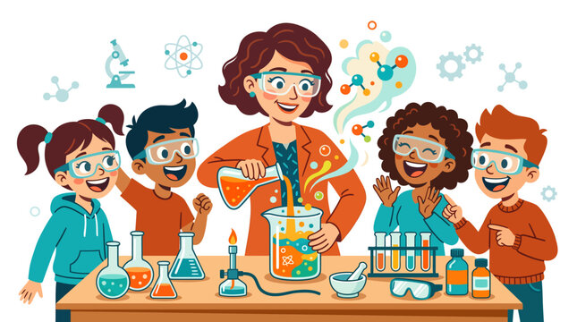 Diverse children and female teacher conducting fun science experiments in school lab