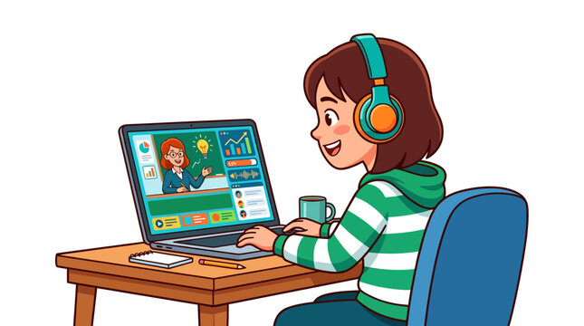 Flat 2D illustration of a happy young female student attending an online class via laptop
