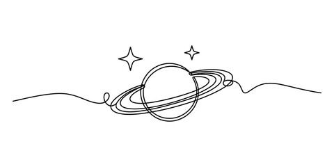 Obraz premium Continuous single line drawing of a planet with rings and stars