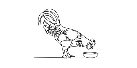 Continuous single line drawing of a rooster eating from a small bowl © Graphics Art