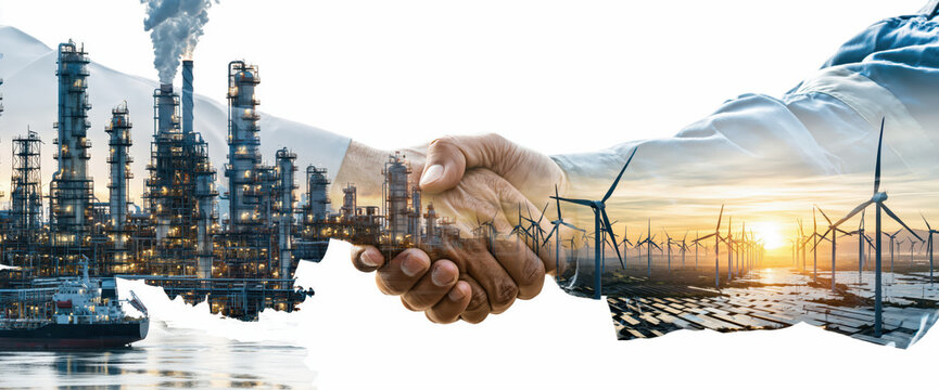 Handshake double exposure image with industrial refinery and renewable wind turbine energy sunset, symbolizing cooperation and sustainable future