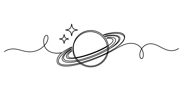 Continuous single line drawing of a planet with rings and stars