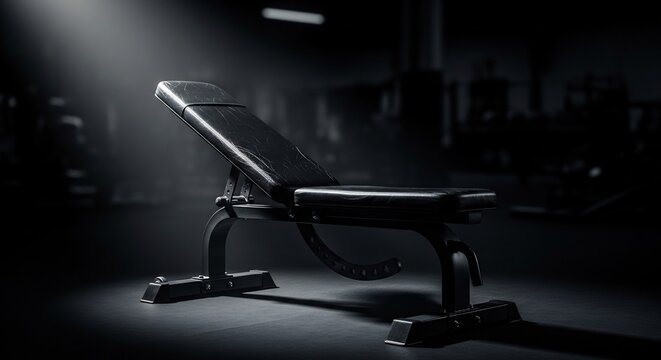 Adjustable Weight Bench in Dramatic Spotlight in Dark Gym.