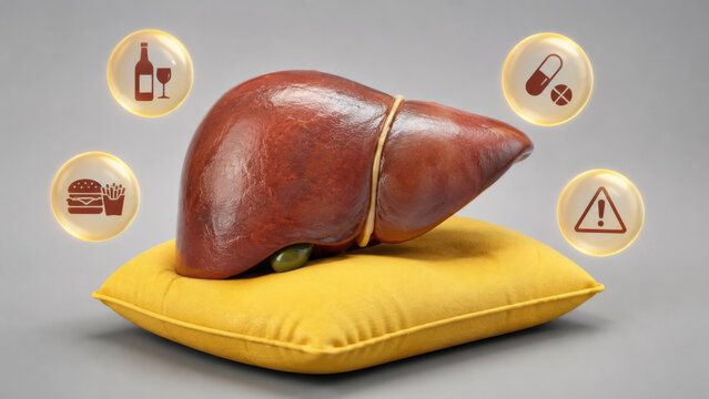 Liver cushion yellow warning alcohol medication toxicity health protection concept shows anatomical organ on soft pillow with food alert symbol against gray background