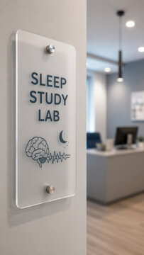 Sleep study lab frosted acrylic sign wall mounted clinic reception plaque with brain wave moon icon, blurred modern healthcare desk background, calm medical interior