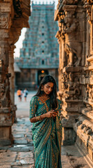 Obraz premium A Woman in a Sari Amidst Ancient Temple Architecture: A young woman, adorned in a traditional green sari, stands thoughtfully within the intricate stone carvings of an ancient temple.