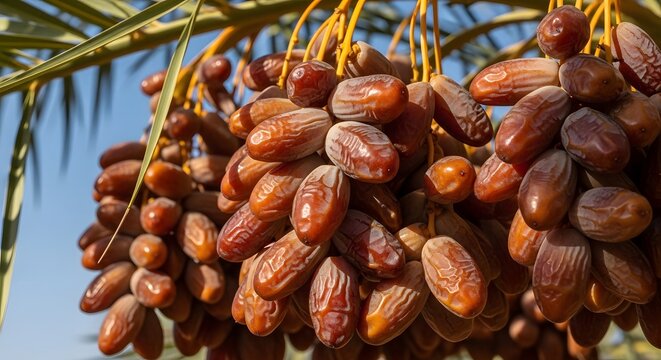Close-up of Ripe Dates Hanging on a Palm Tree Branch in a Date Farm.